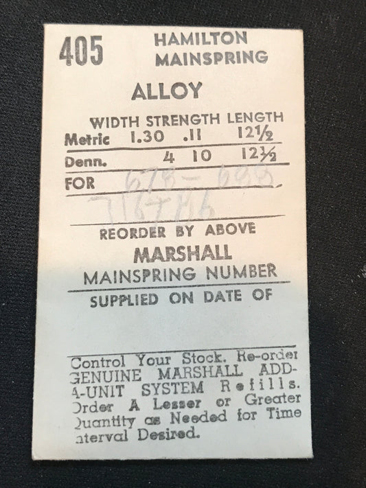 C&E Marshall Mainspring #405 for Hamilton 11½L grade 678, 688 No. 67821 / 716786 - Alloy