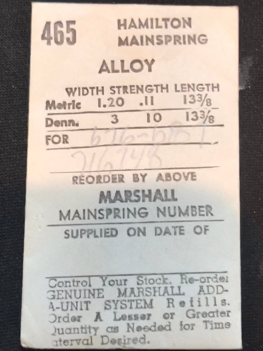 C&E Marshall Mainspring #465 for Hamilton 11½L grade 676, 687 Automatic #67621 / 716784 - Alloy