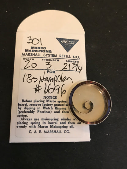 Marco Mainspring #301 for 18s Hampden Movements Factory No. 1696 - Steel