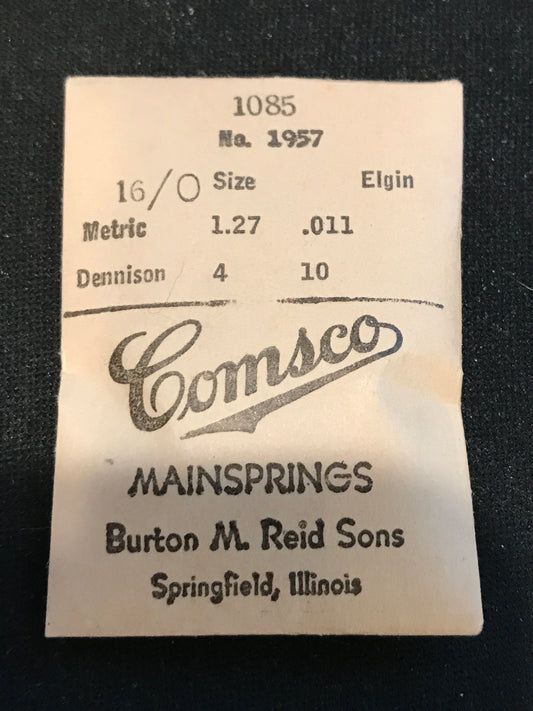 Comsco Mainspring #1085 for Elgin 10/0, 16/0 & 18/0s Factory No. 1957 - Steel