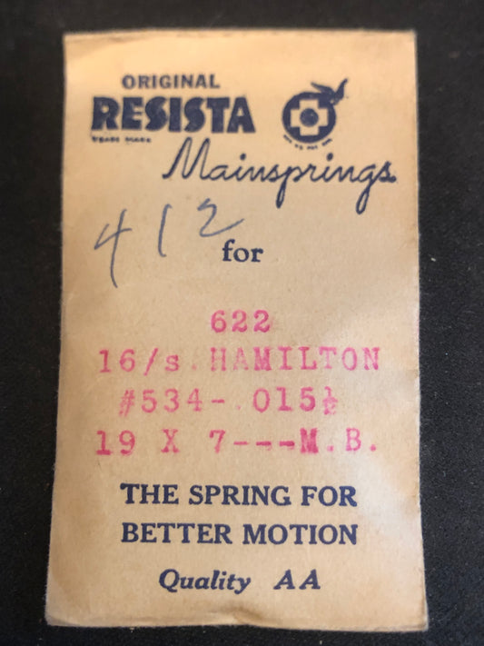 Resista Mainspring #622 for 16s Hamilton Railroad Movements Factory No. 534 - Steel