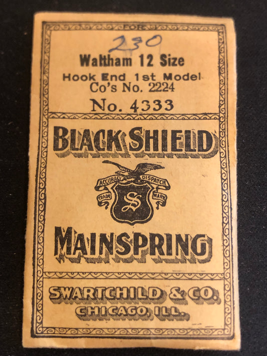 Swartchild Black Shield Mainspring #4333 for Waltham 12s movements No. 2224 - Steel