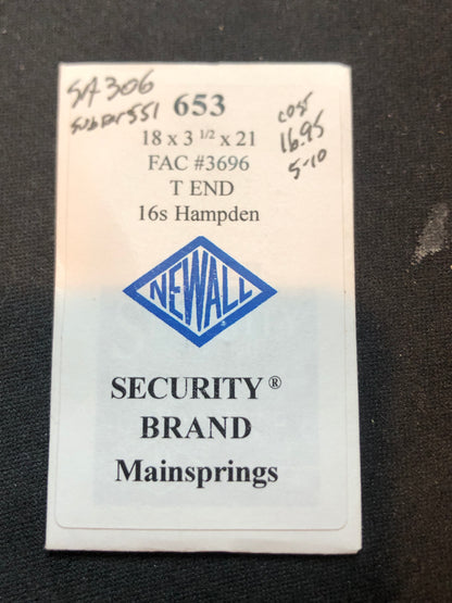 Newall SUPER Security Mainspring #653 for 16s Hampden No. 3696 - Alloy