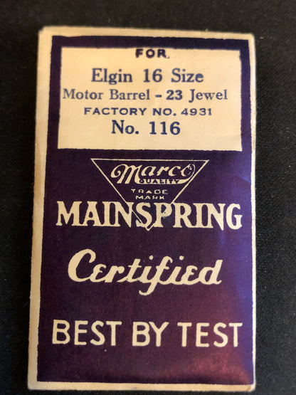 Marco Mainspring #116 for 16s Elgin 23j Motor Barrel No. 4931 - Steel