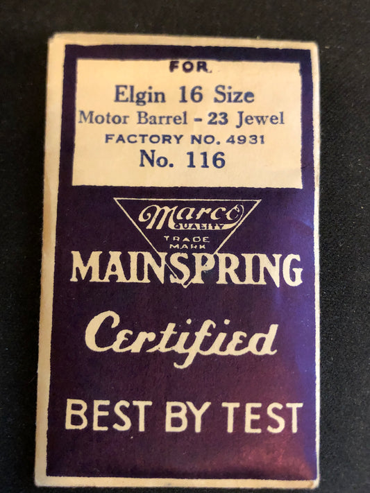 Marco Mainspring #116 for 16s Elgin 23j Motor Barrel No. 4931 - Steel