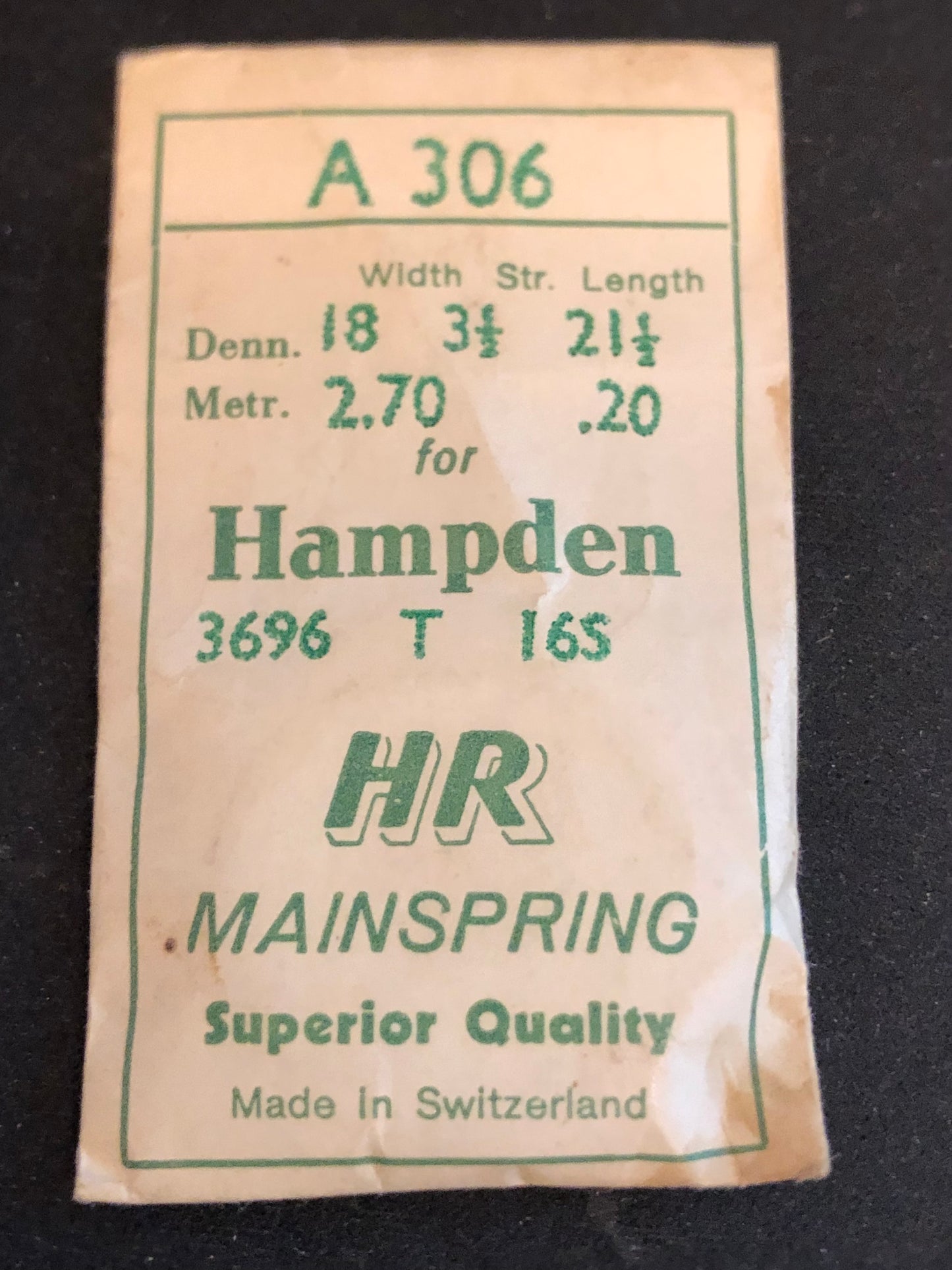 HR Mainspring A306 for 16s Hampden No. 3696 - Steel
