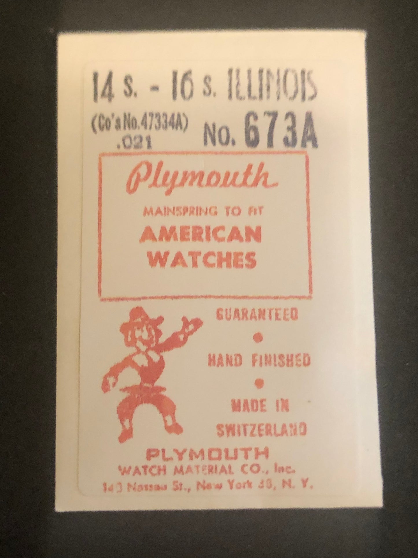 Plymouth Mainspring 673A for Illinois 14s & 16s Factory No 47334A - Steel