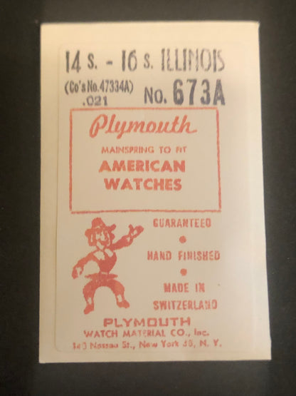 Plymouth Mainspring 673A for Illinois 14s & 16s Factory No 47334A - Steel