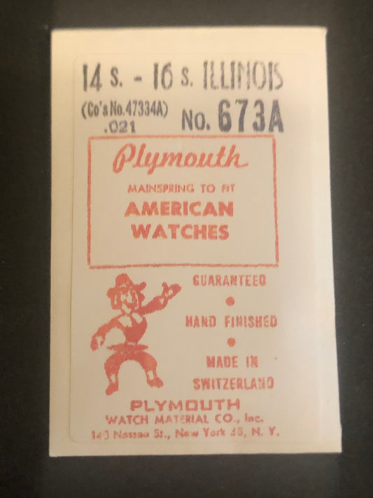 Plymouth Mainspring 673A for Illinois 14s & 16s Factory No 47334A - Steel