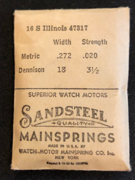 Sandsteel Mainspring for Illinois 16s Factory No. 47317 - Steel