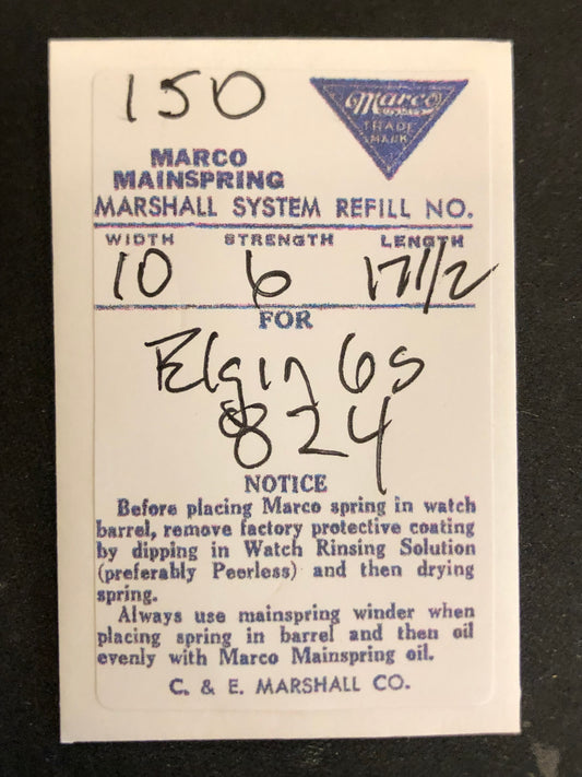Marco Mainspring #150 for 6s Elgin movements Factory No. 824 - Steel