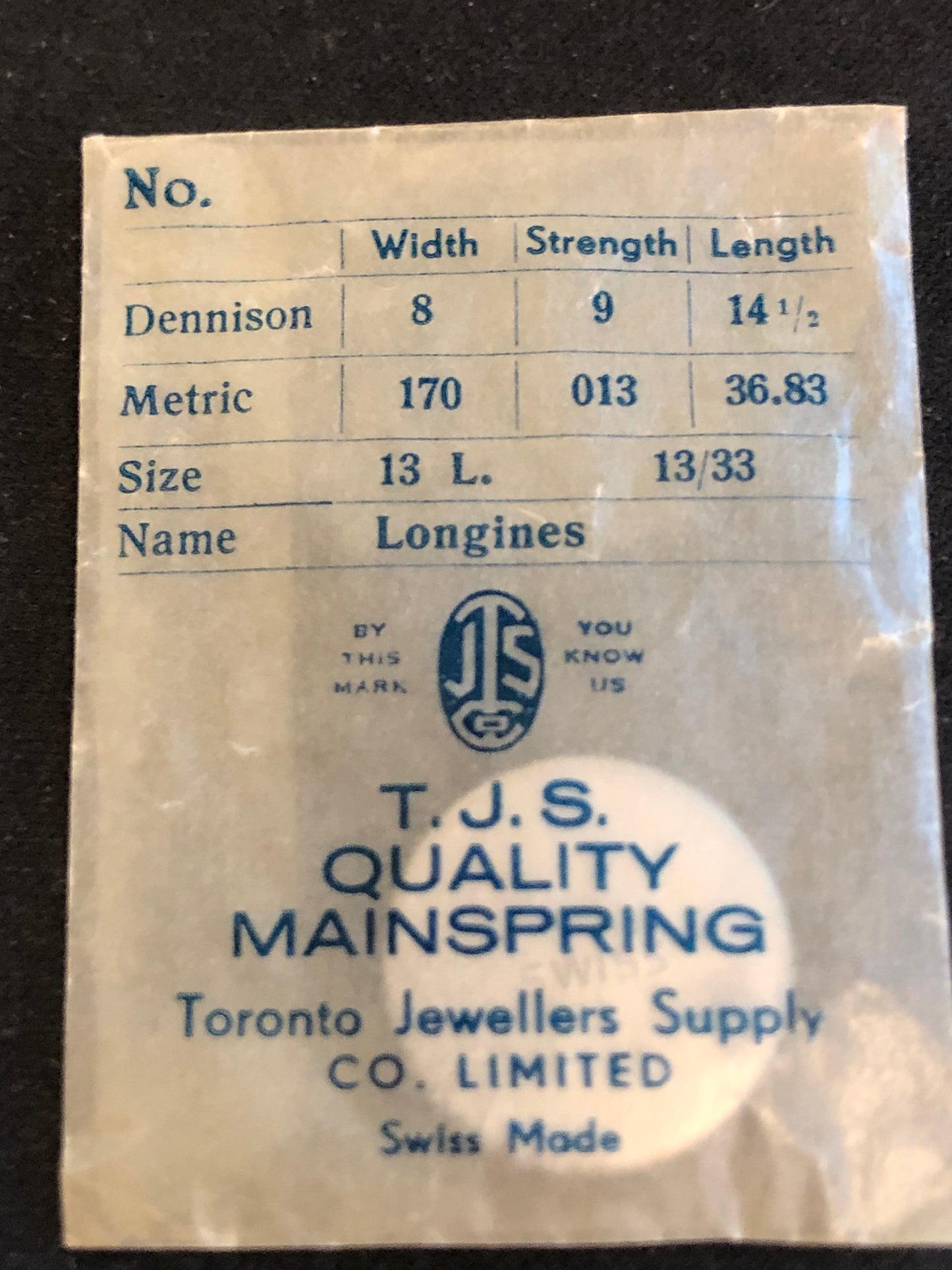 T.J.S. Mainspring for Longines 13L caliber 13.33 movements - steel ...