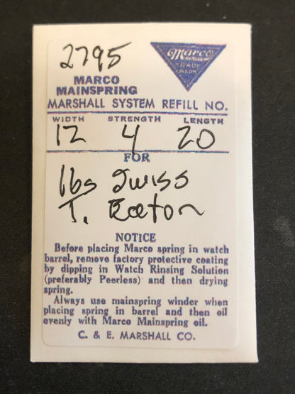 Marco Mainspring #2795 for 16s T. Eaton (Gallet) movements - Steel