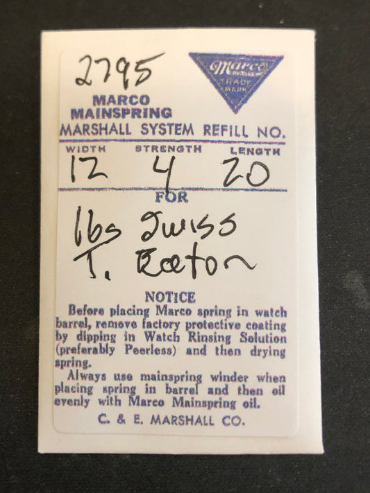 Marco Mainspring #2795 for 16s T. Eaton (Gallet) movements - Steel
