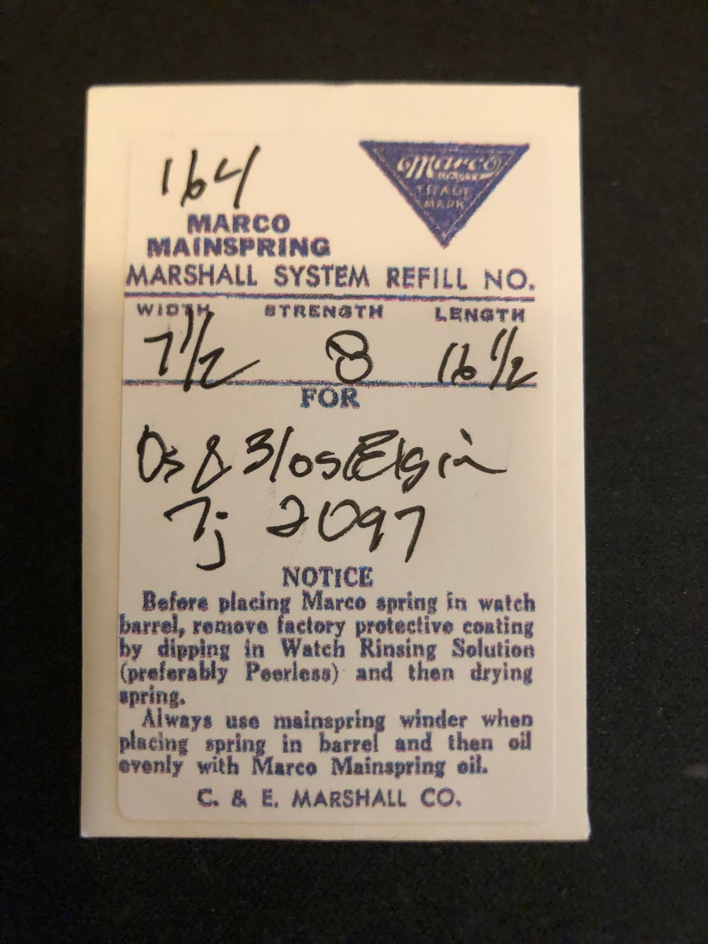 Marco Mainspring #164 for 0s & 3/0s Elgin movements No. 2097 - Steel
