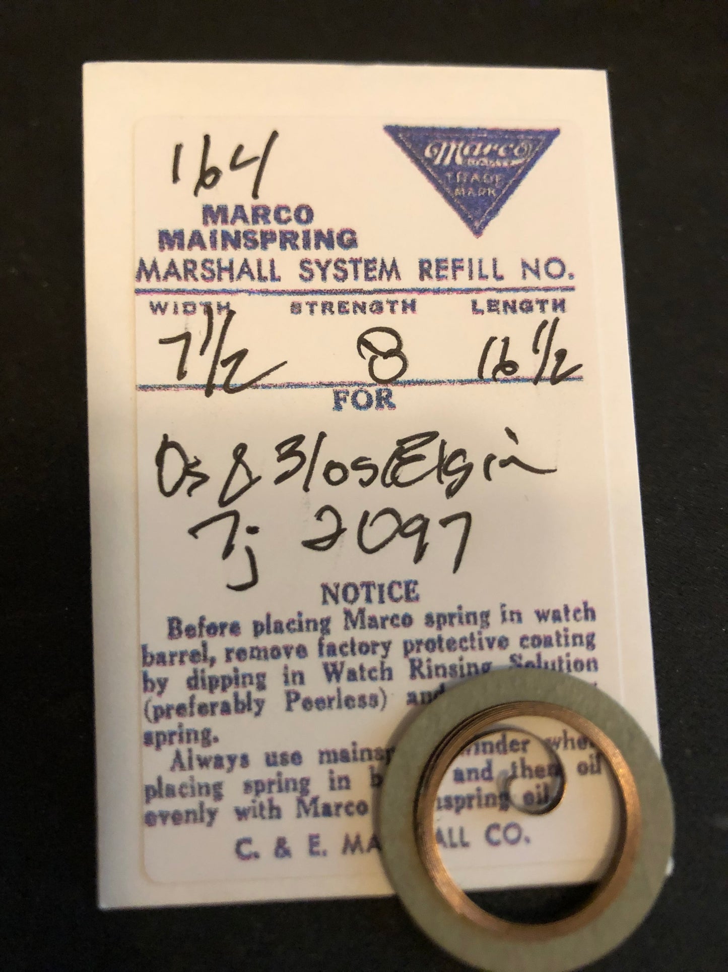 Marco Mainspring #164 for 0s & 3/0s Elgin movements No. 2097 - Steel