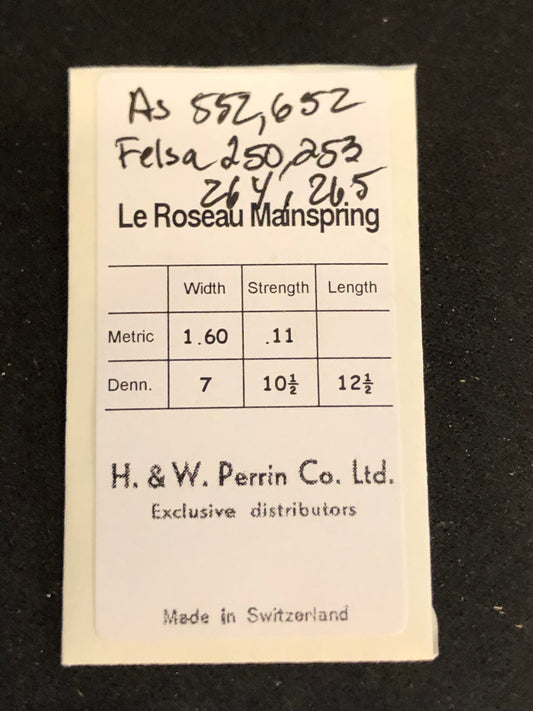H. & W. Perrin Co. Mainspring for AS 552, 562, Felsa 250, 253, 264, 265 - Steel