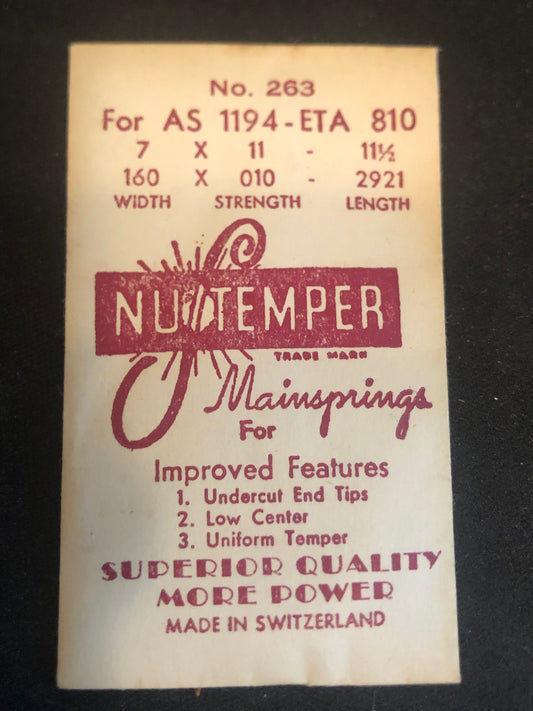 NuTemper Mainspring No. 263 for AS 1194, ETA 810 caliber movements - Steel