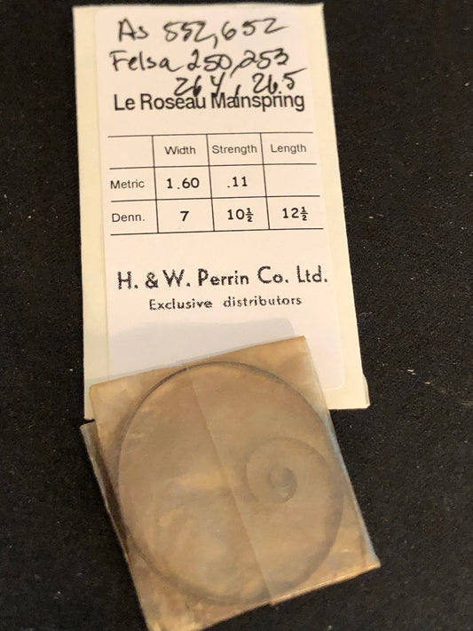 H. & W. Perrin Co. Mainspring for AS 552, 562, Felsa 250, 253, 264, 265 - Steel