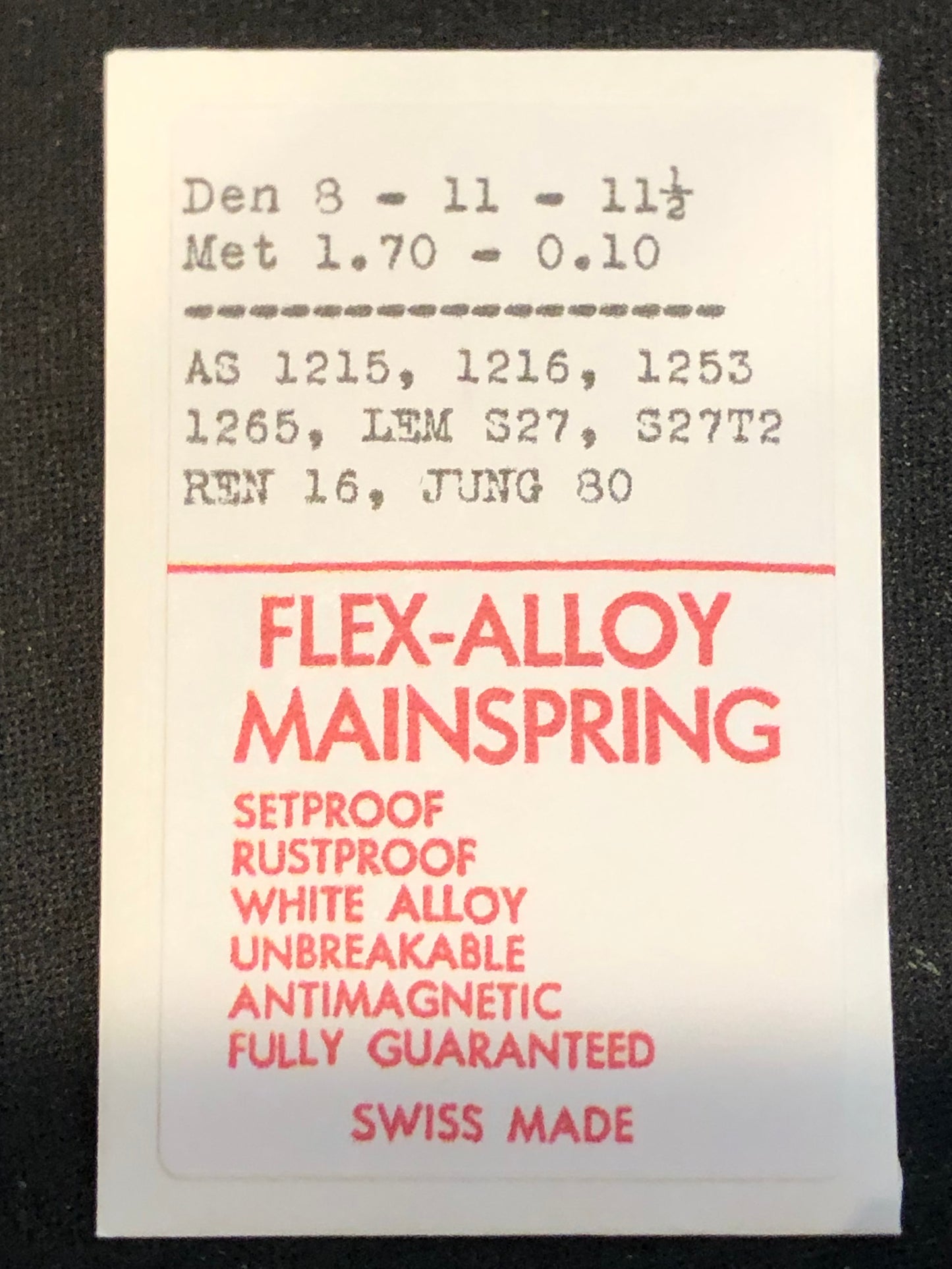 Flex-Alloy Mainspring for AS 1215, 1216, 1253, 1265, Lemania S27, S27T2 - Alloy