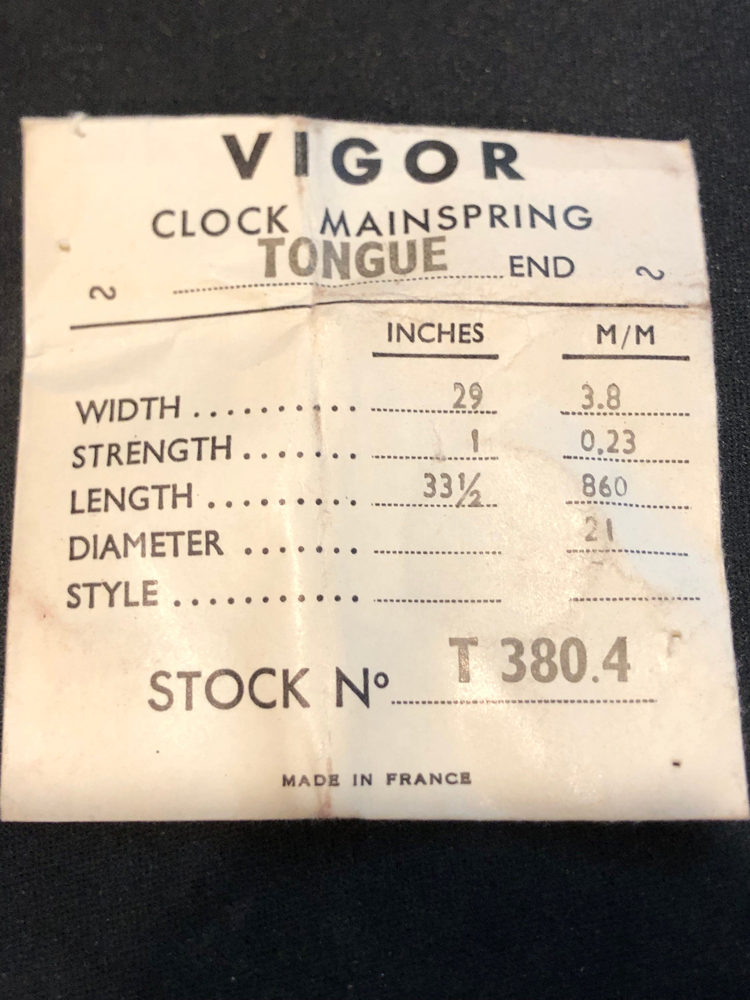 Vigor TONGUE End Clock Mainspring - 29 x 1 x 33½