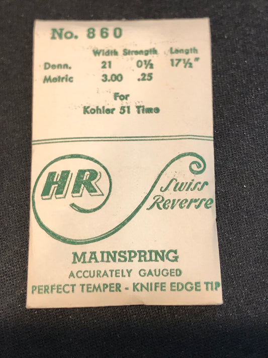 HR TIME Mainspring No. 860 for Kohler Model 51 Alarm / Travel Clocks