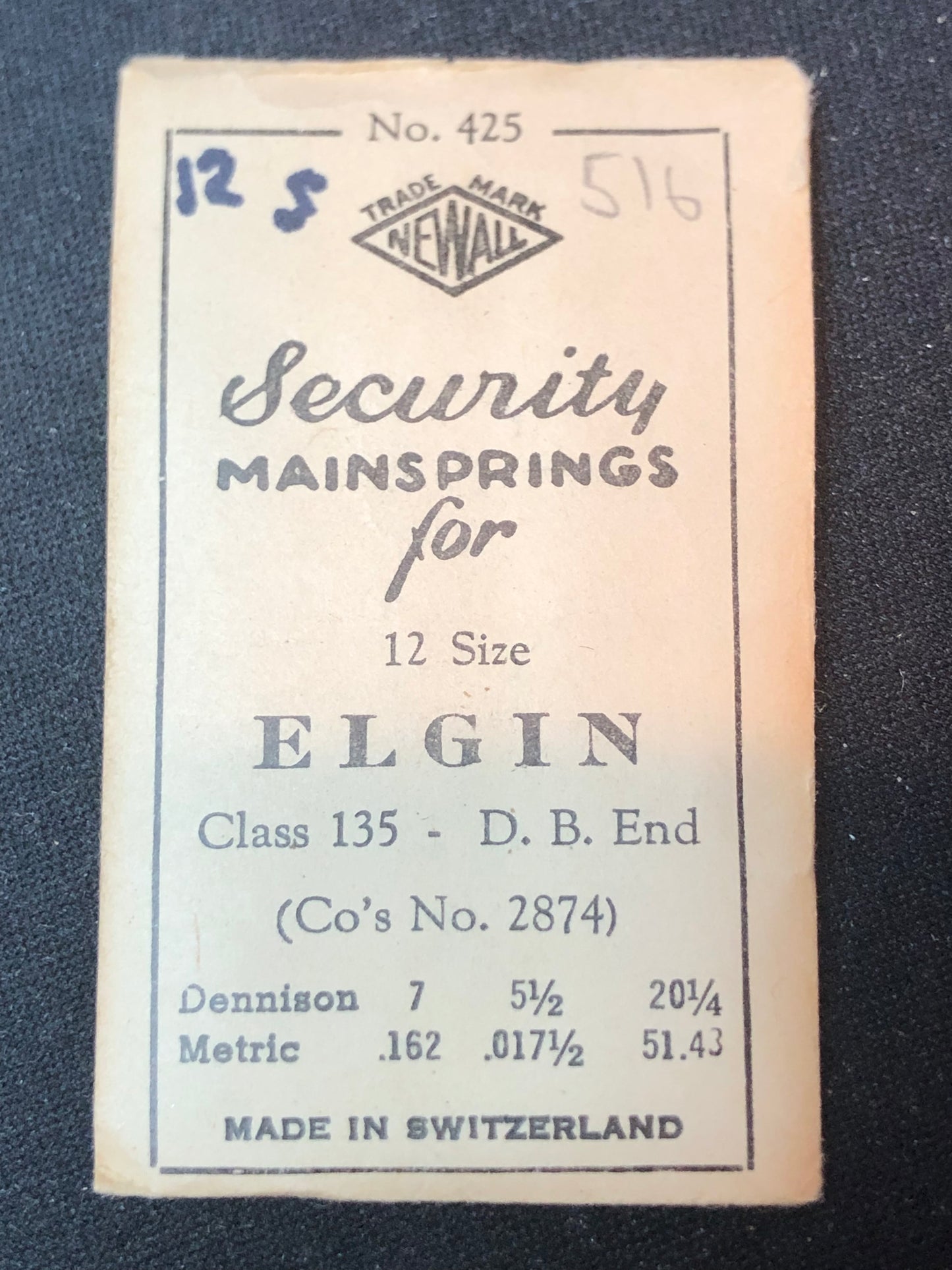 Newall Security Mainspring #425 for 12s Elgin Factory No. 2874 - Steel