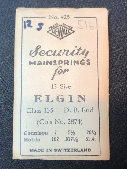 Newall Security Mainspring #425 for 12s Elgin Factory No. 2874 - Steel