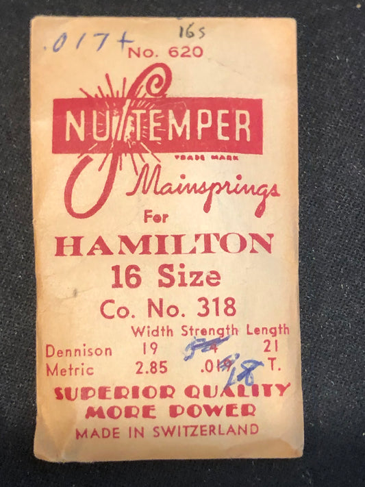 NuTemper Mainspring #620 for Hamilton 16s Factory No. 318 - Steel