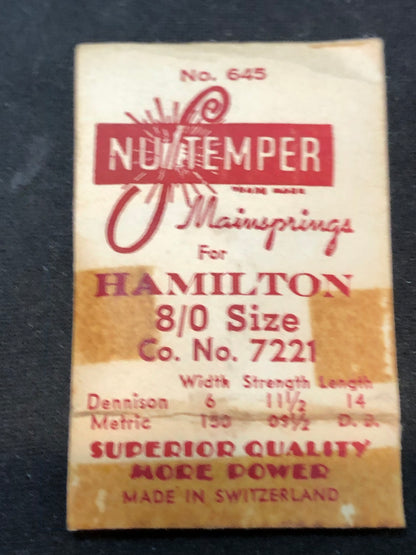 NuTemper Mainspring #645 for Hamilton 8/0s movements No. 7221 - Steel