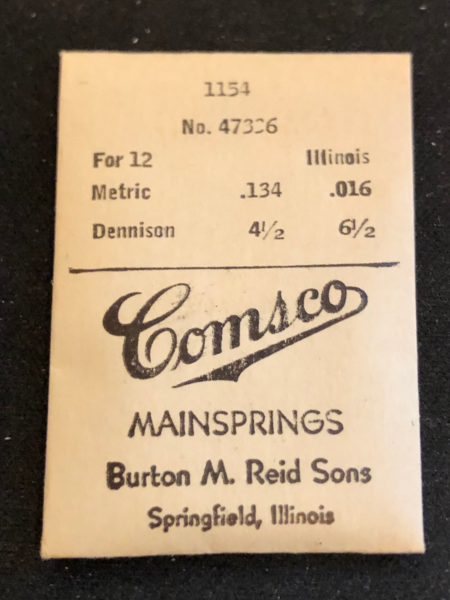 Comsco Mainspring #1154 for Illinois 12s Factory No. 47336 - Steel