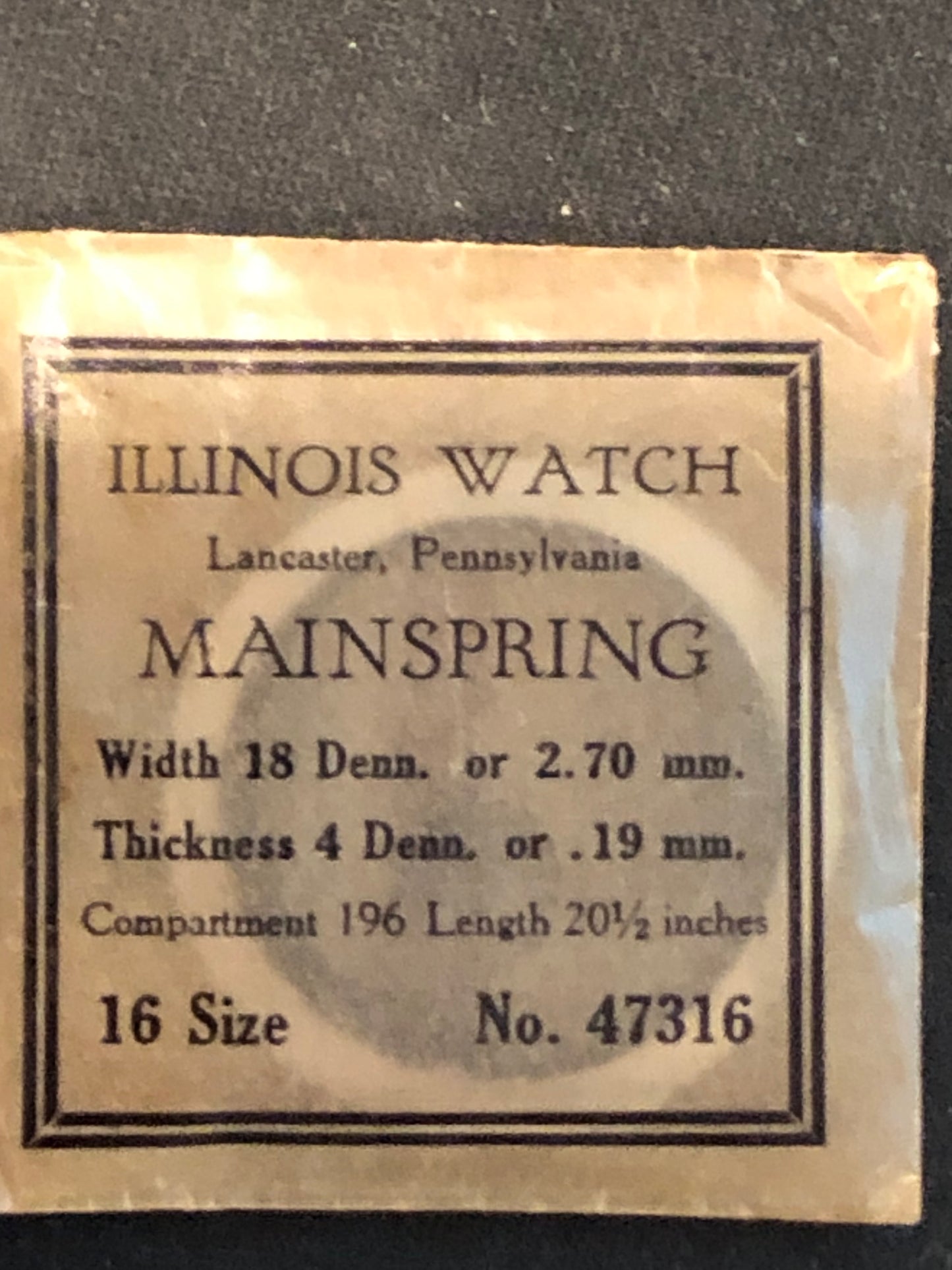 Illinois Factory Mainspring Factory No. 47316 for 16s movements - Steel
