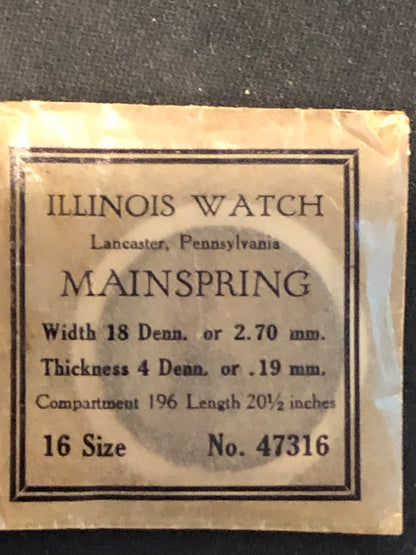 Illinois Factory Mainspring Factory No. 47316 for 16s movements - Steel