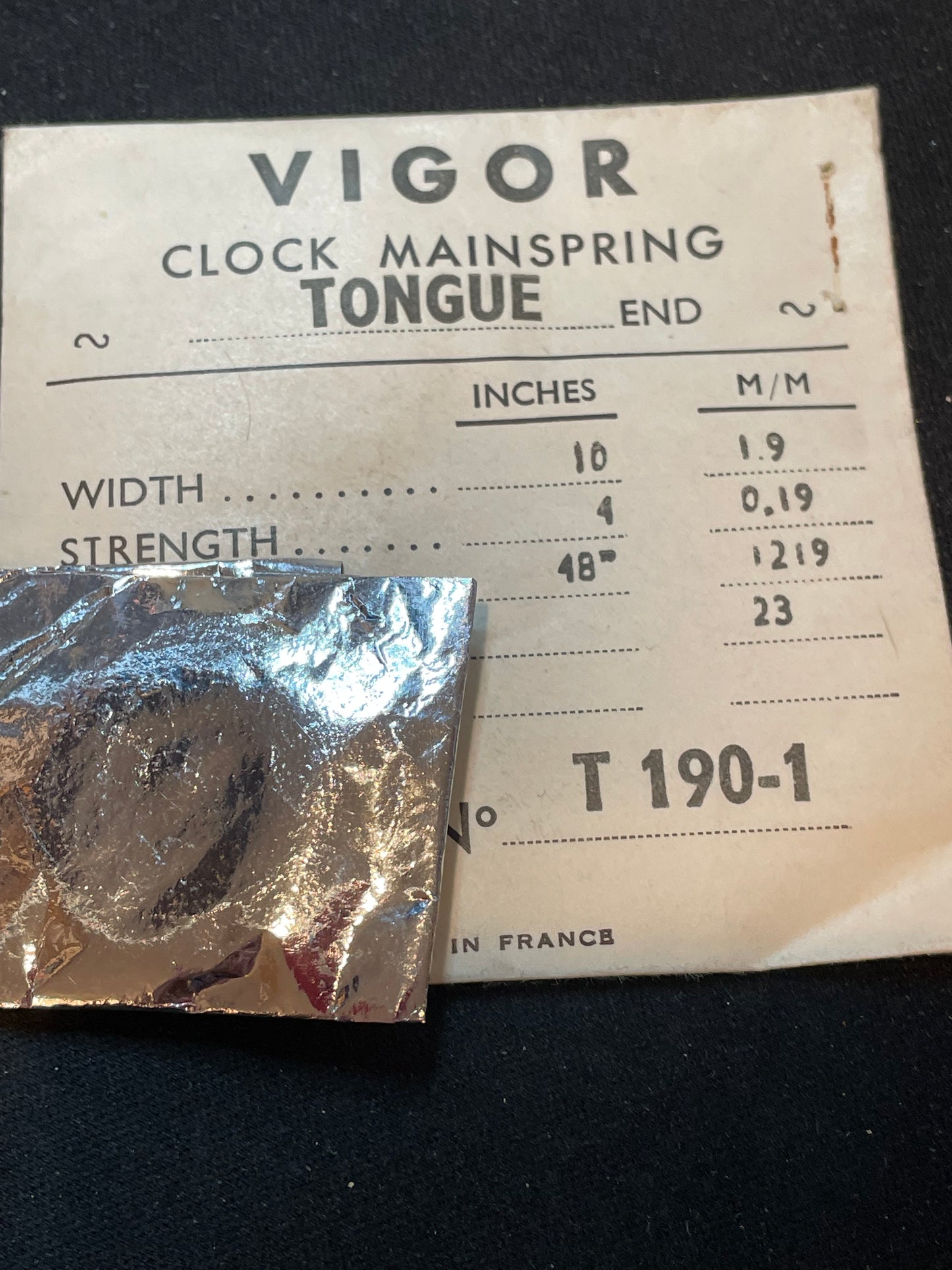 Vigor TONGUE End Clock Mainspring - 10 x 4 x 48" Long - T 190-1