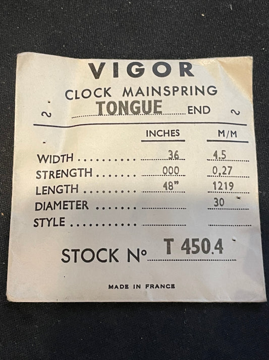 Vigor TONGUE End Clock Mainspring - 36 x 3/0 x 48" Long - T 450.4