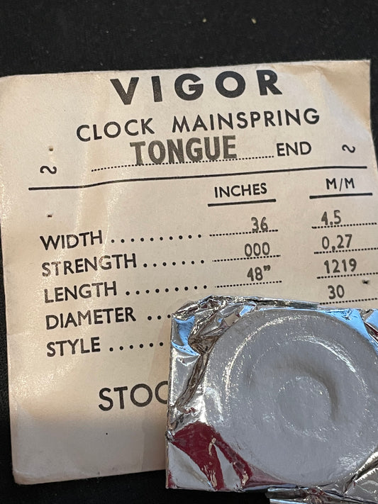 Vigor TONGUE End Clock Mainspring - 36 x 3/0 x 48" Long - T 450.4