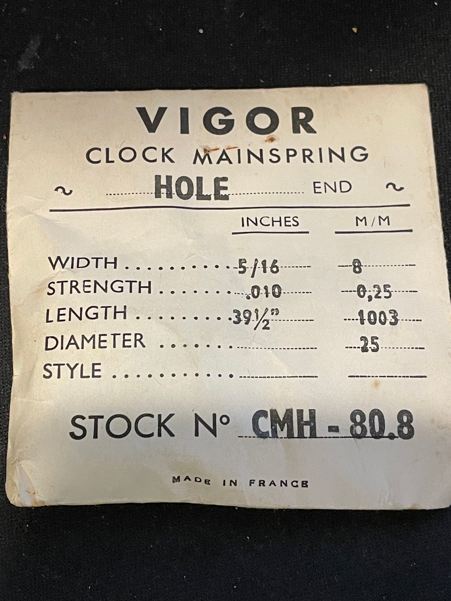 Vigor HOLE End Clock Mainspring - 5/16" x .010" x 39½" Long - CMH 80.8