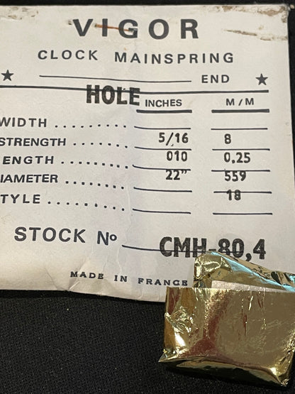 Vigor HOLE End Clock Mainspring - 5/16" x .010" x 22" Long - CMH 80.4