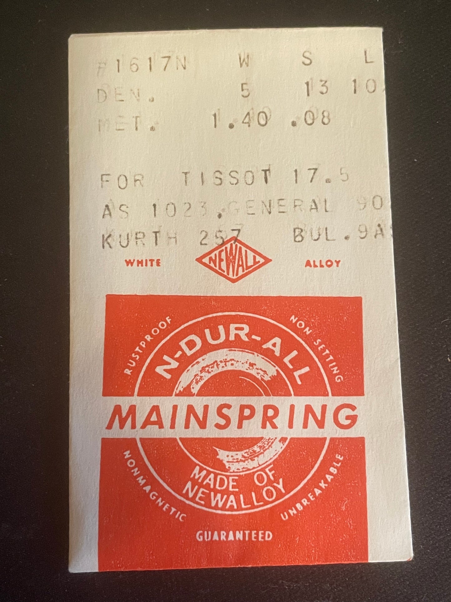 NEWALL Mainspring #1617N for Tissot 17.5, AS 1023, Kurth 275, Bulova 9AS - Alloy