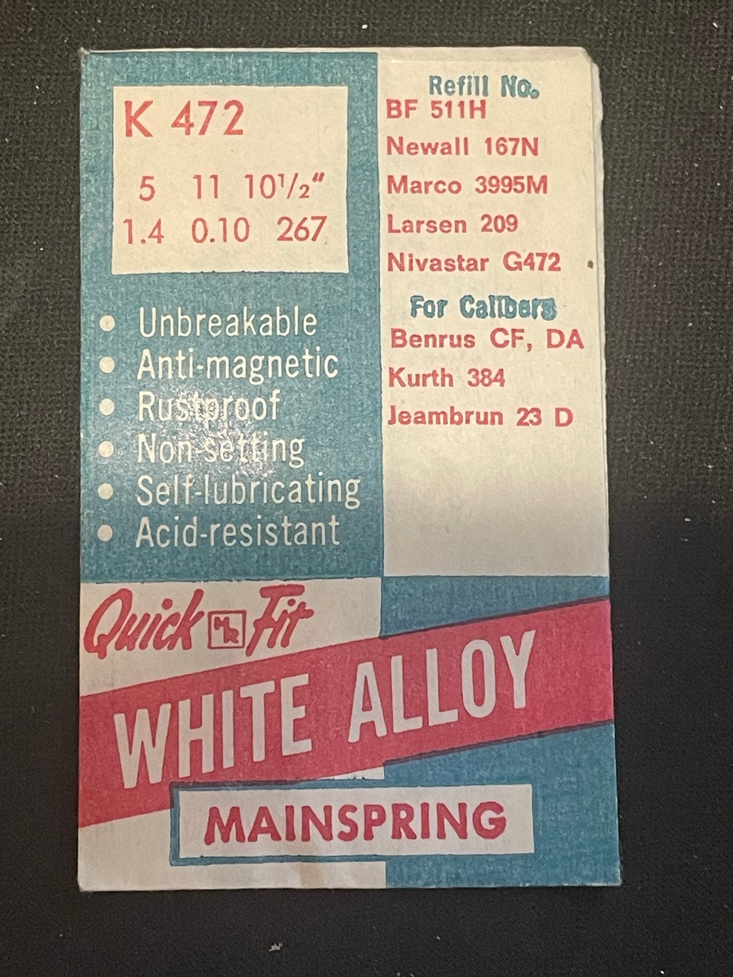 HR Quick Fit Mainspring K472 for Kurth 384, Benrus CF, DA, Jeambrun 23 D - Alloy