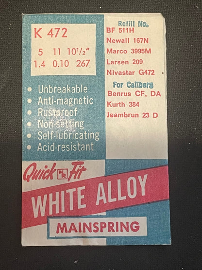 HR Quick Fit Mainspring K472 for Kurth 384, Benrus CF, DA, Jeambrun 23 D - Alloy