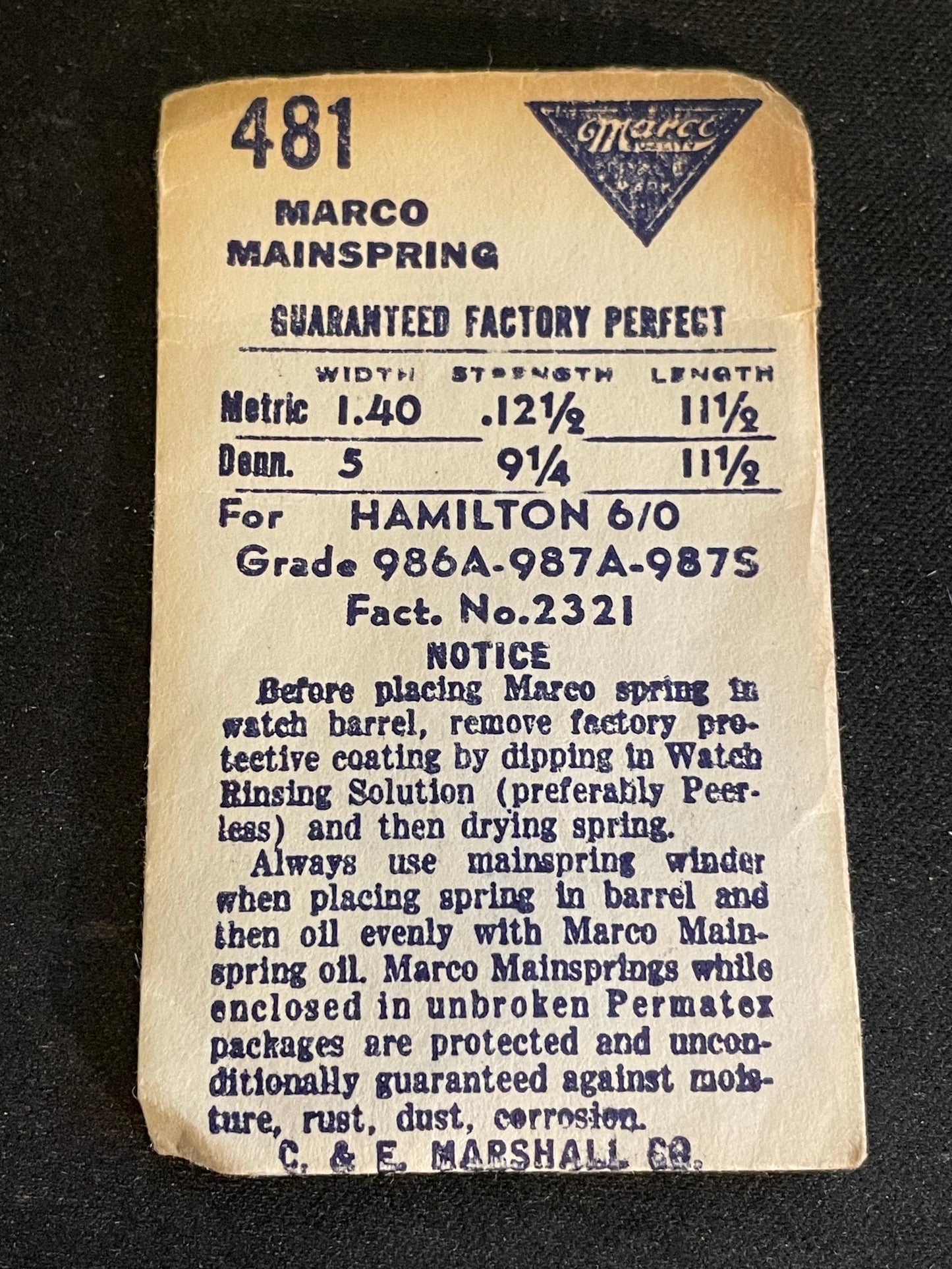 Marco Mainspring #481 for Hamilton 6/0s Factory No. 2321 - Steel