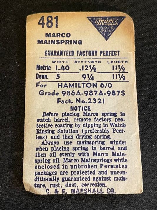 Marco Mainspring #481 for Hamilton 6/0s Factory No. 2321 - Steel