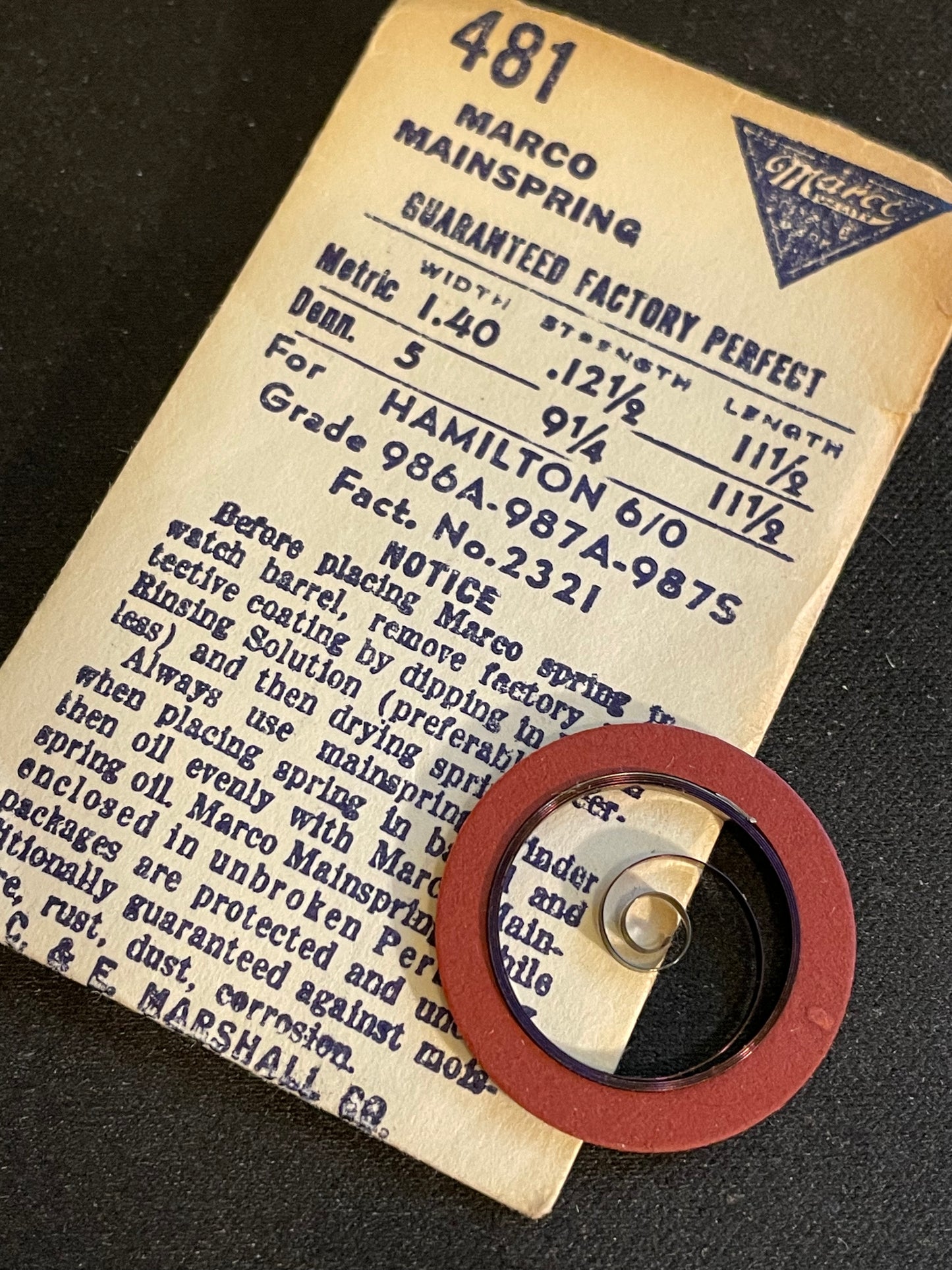 Marco Mainspring #481 for Hamilton 6/0s Factory No. 2321 - Steel