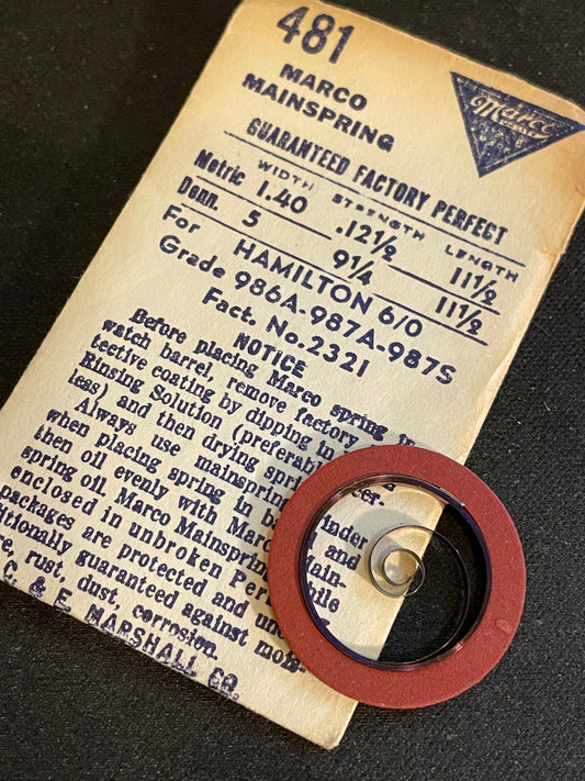 Marco Mainspring #481 for Hamilton 6/0s Factory No. 2321 - Steel