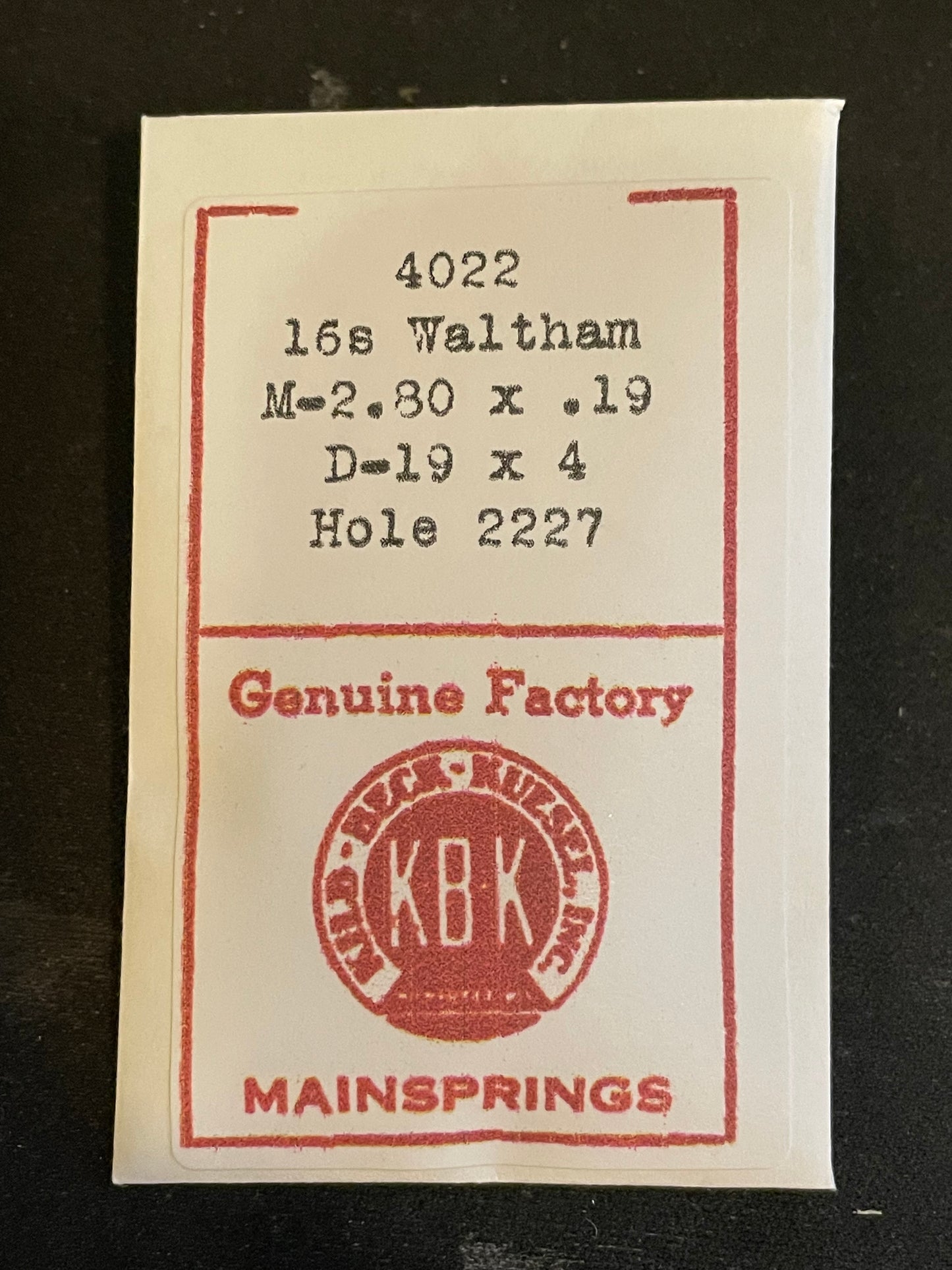 KBK Mainspring #4022 for Waltham 16s Factory No. 2227 - Steel