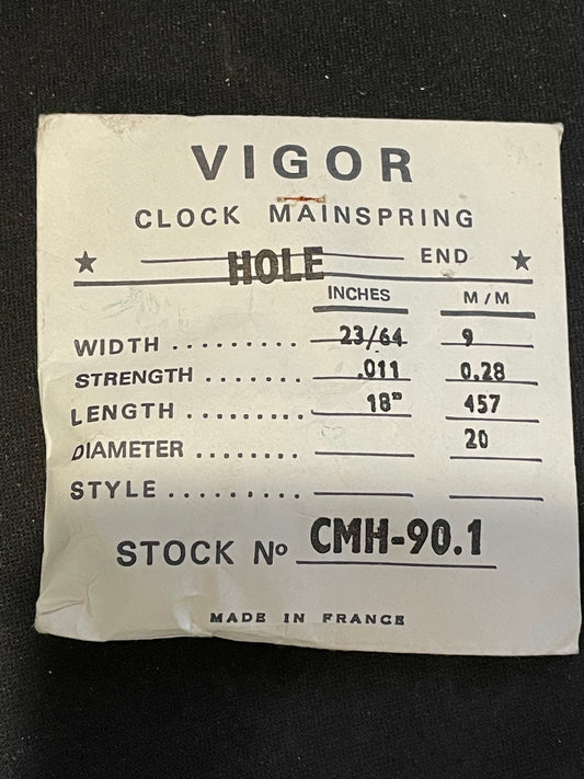 Vigor HOLE End Clock Mainspring - 23/64" x .011" x 18" Long - CMH 90.1