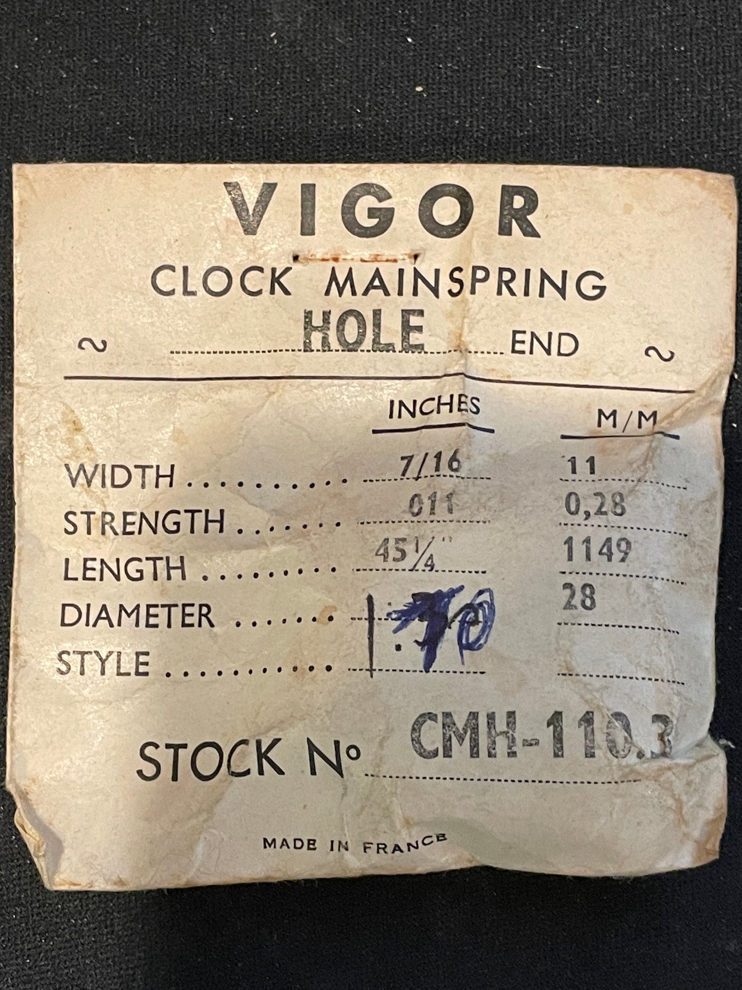 Vigor HOLE End Clock Mainspring - 7/16" x .011" x 45¼" Long - CMH 110.3
