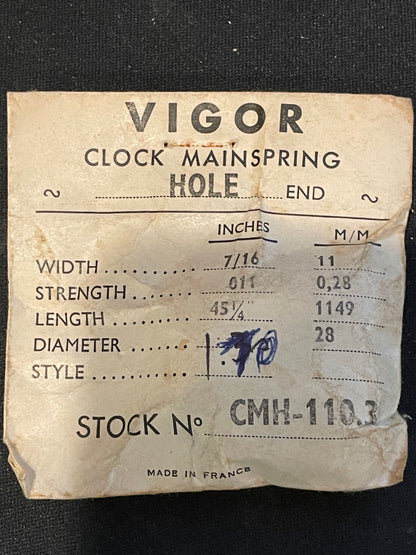 Vigor HOLE End Clock Mainspring - 7/16" x .011" x 45¼" Long - CMH 110.3