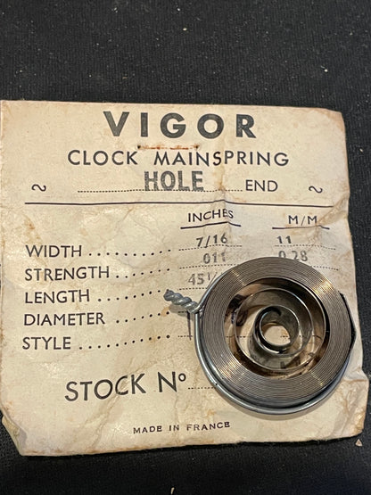 Vigor HOLE End Clock Mainspring - 7/16" x .011" x 45¼" Long - CMH 110.3